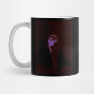 Portrait, digital collage and special processing. Like monk, man, smiling. Head. Weird. More stylized. Dark, red and violet. Mug